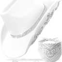 Cowboy Hat for Women Men 6 Sparkly Stars Brim & Rhinestone Belt Western Cowgirl Hat with Sunglasses Bandanas (Medium, White)