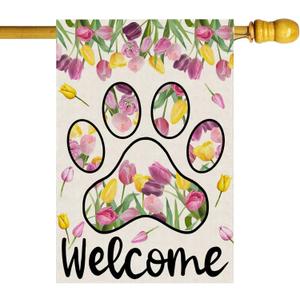 Welcome Dog Paw Tulips Spring Large House Flag Burlap 28X40 Inch Vertical Double Sided Outside Yard Holiday Outdoor Farmhouse Decoration