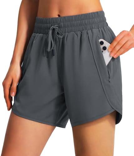 Ksmien Women's 5" Athletic Running Shorts Quick Dry Lightweight Workout Gym Shorts with Zipper Pockets UPF 50+, Size: L