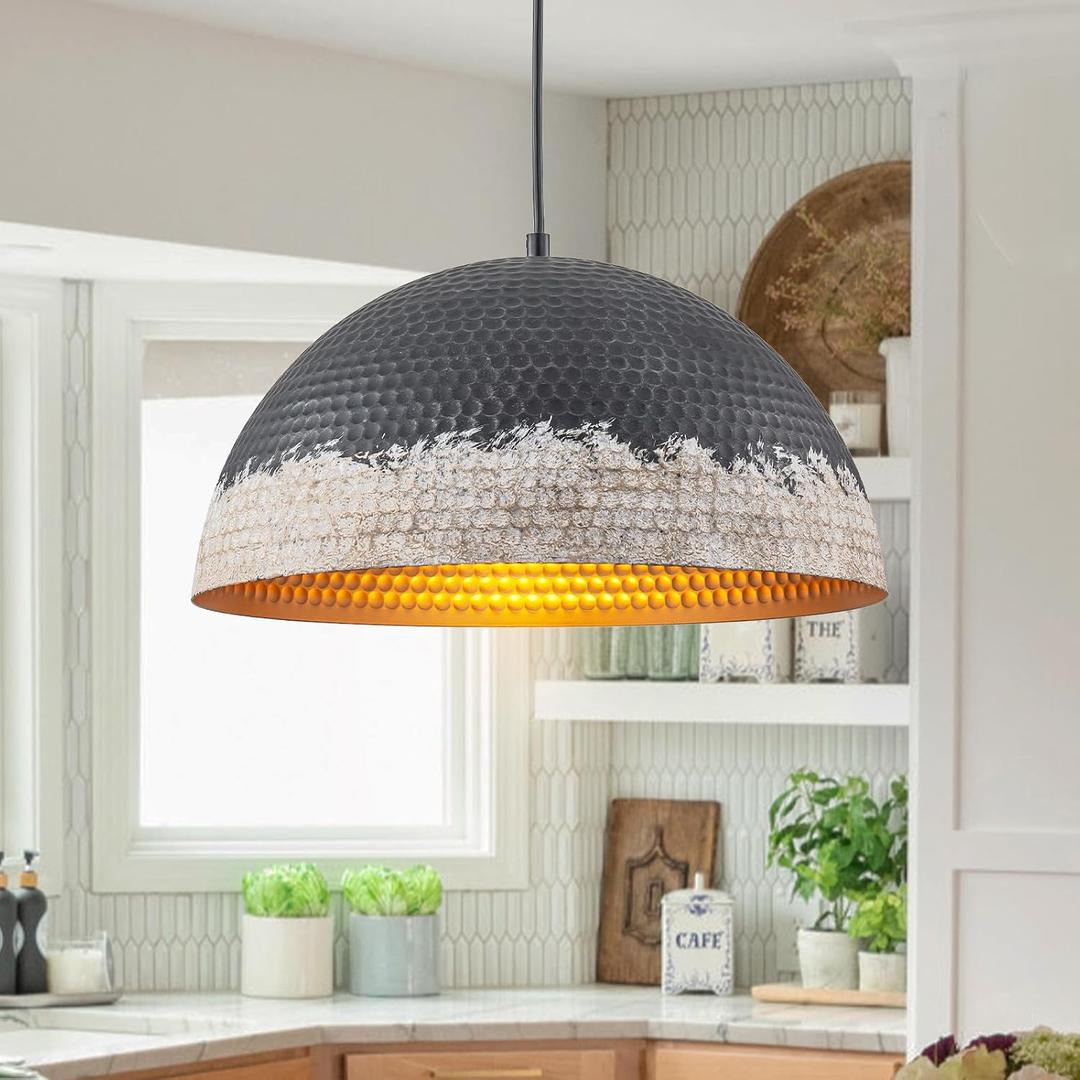 Y'INSP Farmhouse Dome Pendant Light, 15.74" Black White Hammered Metal Hanging Light, Adjustable Height E26 Base 60W, Vintage Pendant Lighting for Kitchen Island Dining Room Bedroom Hallway Entryway, 15.75in