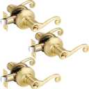 3 Pack Gold Door Handles, Wave Style Entry Door Handle with Lock and Keys, Front Door Leverset Lockset, Keyed Alike/Combo Keys, Right Handing