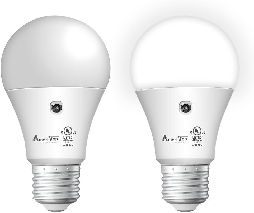 AmeriTop Dusk to Dawn Light Bulb- 2 Pack, A19 LED Sensor Light Bulbs; UL Listed, Automatic On/Off, 800 Lumen, 10W(60 Watt Equivalent), E26 Base, Indoor/Outdoor Lighting Bulb (5000K Daylight)