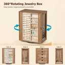 Emfogo 360 Rotating Jewelry Box for Women, Rustic Wooden Jewelry Organizer Box with 5 Drawers, Glass Doors, Vertical Open Design Jewelry Storage Case Display for Earrings Rings Necklaces Bracelets