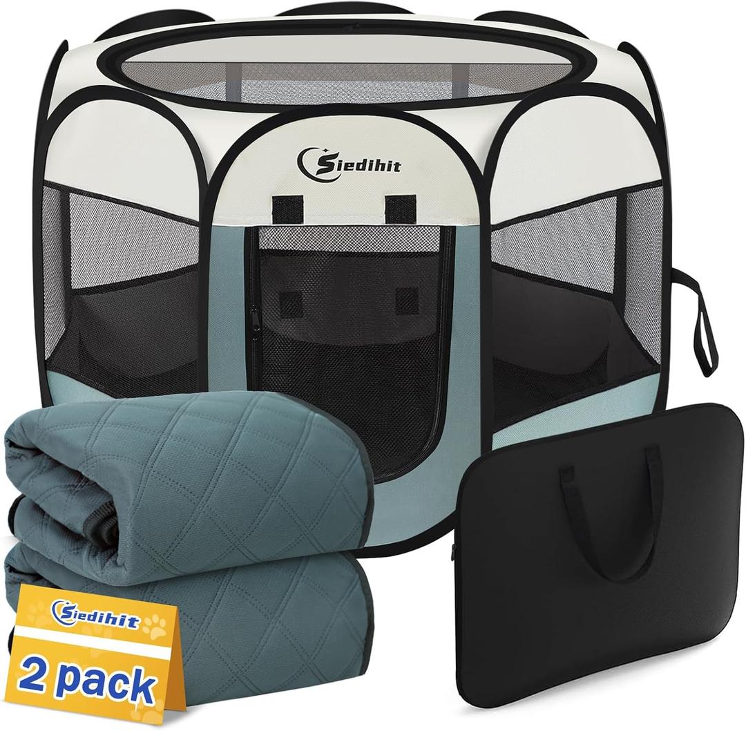 Dog Playpen with 2 Washable Pee Pad, Puppy Pet Cat Playpen Small AnimalsTent Crate Indoor/Outdoor, Portable Pop Up Kennel with Carrying Case(Grey with 2 Pads, Small)