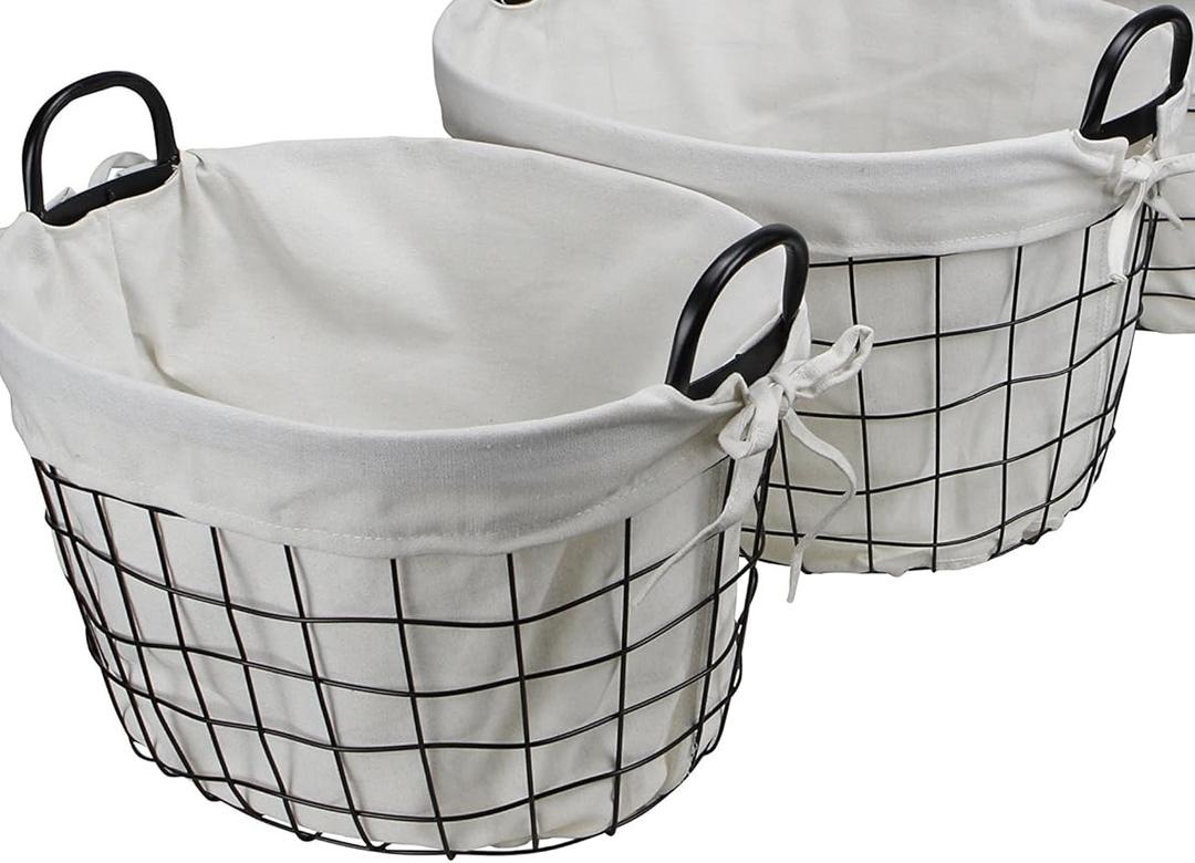Set of 2 Lined Metal Wire Oval Basket with Handle, Black 9x14, 12x16 Inch