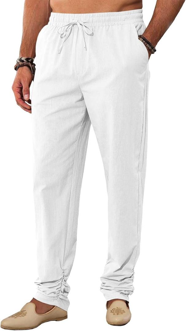 Runcati Mens Kaftan Thobe Pants Cotton Casual Elastic Waist Drawstring Muslim Trousers Summer Yoga Kurta Pants with Pockets (XX-Large, White)