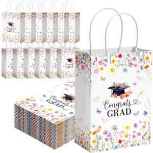 Gueevin 24 Pcs Wildflower Graduation Gift Bags 2026 Graduation Party Favors Floral Congrats Grad Paper Gifts Wrapping Bags for Class of 2026 Party Supplies Decoration (White)