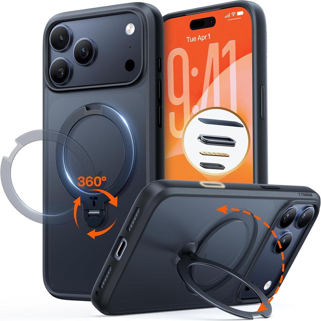 TORRAS 360 Magnetic Stand for iPhone 17 Pro Max Case with Camera Control Button, Fit for MagSafe, Mil-STD Protective Kickstand Case for iPhone 17 Pro Max Phone Case with Stand, Black, Q3 Spin