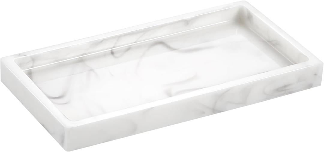 Bathroom Vanity Tray, Small 8" Rectangular Resin Kitchen Soap Tray Dresser Tray Jewelry Dish Tray Bathroom Countertop Organizer Tray for Cosmetic Perfume Candle, Mini, White Marble (7.7" x 3.9" x 0.8")