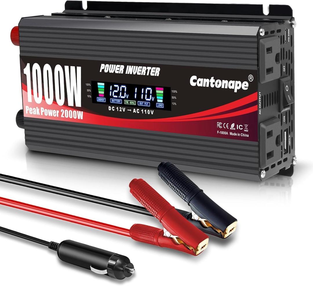 Cantonape 1000 Watt Power Inverter DC 12V to 110V/120V AC Car Inverter with LCD Display, 2 AC Outlets, 3.0A USB and 20W Type-C Car Charger for Vehicles Home Laptop Truck Black