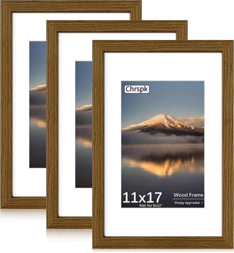 11x17 Poster Frame, Display Pictures 8X12 with Mat or 11x17 Without, Wall Hanging Frames, Rustic Brown, 3 Pack
