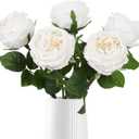 IPOPU White Roses Artificial Flowers,5PCS Real Touch Austin Roses Faux Peony Flowers Stems for Wedding Bouquet Party Home Decor(White)