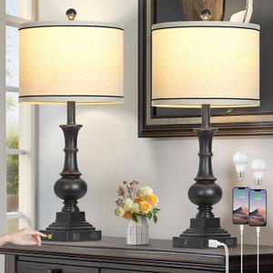 Farmhouse Lamps Set of 2, Antique Vintage Rustic Touch Control Table Lamps with USB A+C Ports & AC Outlet, Retro Classic Bedside Nightstand Lamp for Living Room Bedroom Office Black