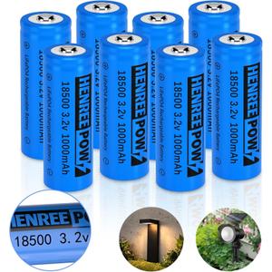 Henreepow 18500 Rechargeable Battery, 3.2v LiFePO4 Lithium Phosphate Battery 1000mAh for Outdoor Garden Solar Lights, Flashlight (8 Pack)