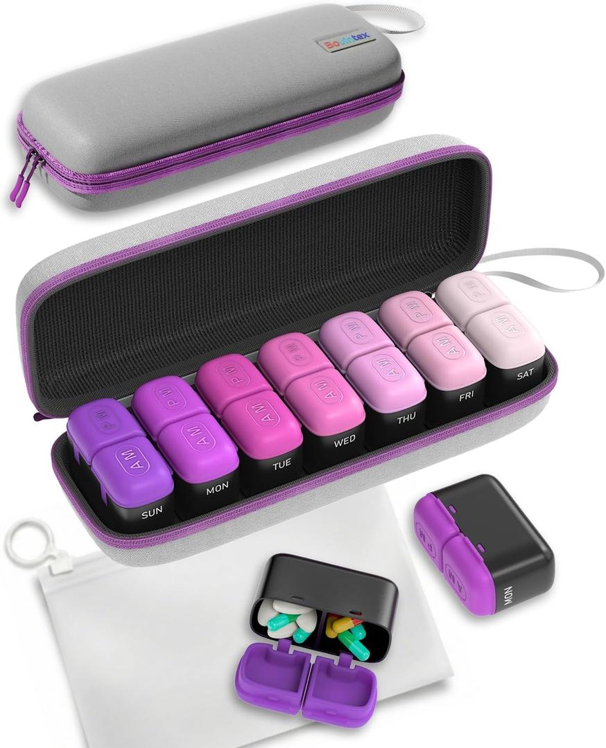 Weekly Pill Organizer 2 Times a Day, 7 Day Travel Medicine Pill Organizer with Moisture-Proof Silicone Lid, AM PM Daily Pill Box for Vitamins & Supplements, Aesthetics Pill Case(Purple)
