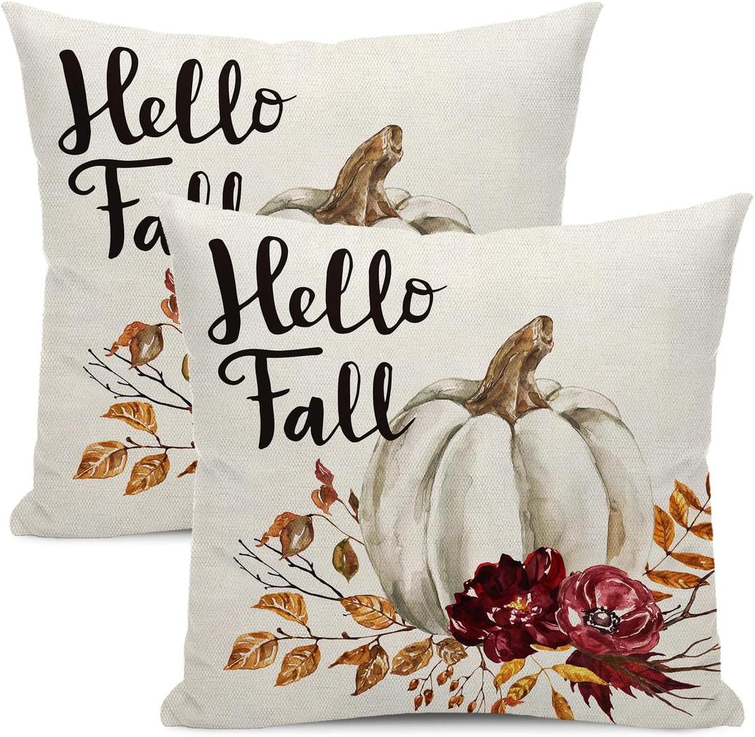 Fall Decor Pillow Covers 18x18 inch Set of 2 Hello Fall Watercolor White Pumpkin Outdoor Farmhouse Decorative Throw Pillow Covers Thanksgiving Autumn Cushion Case for Couch Home Sofa