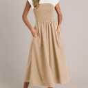 Wenrine Womens Casual Summer Midi Dress Smocked Cap Sleeve Crew Neck Color Block A Line Flowy Beach Dresses (S)