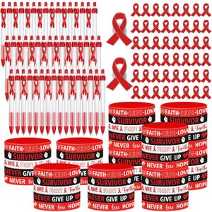 Fullhawl 150 Pcs Heart Health Awareness Accessories Include 50 Red Silicone Bracelets 50 Red Ribbon Pins 50 Ribbon Pens for Heart Month Men Women Patient Family Charity Events Gifts