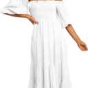 R.Vivimos Women's Summer Cotton Lantern Sleeves Ruffled Off Shoulder A-Line Midi Dresses (Medium, White)