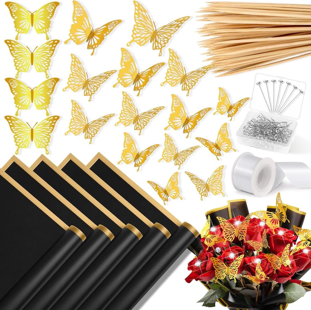 235Pcs Floral Wrapping Paper for Bouquet, Money Bouquet Kit with 20 Sheets Black Flower Wrapping Paper, Butterflies, Rhinestone Pins, Ribbons and Wooden Sticks for Flower Bouquets