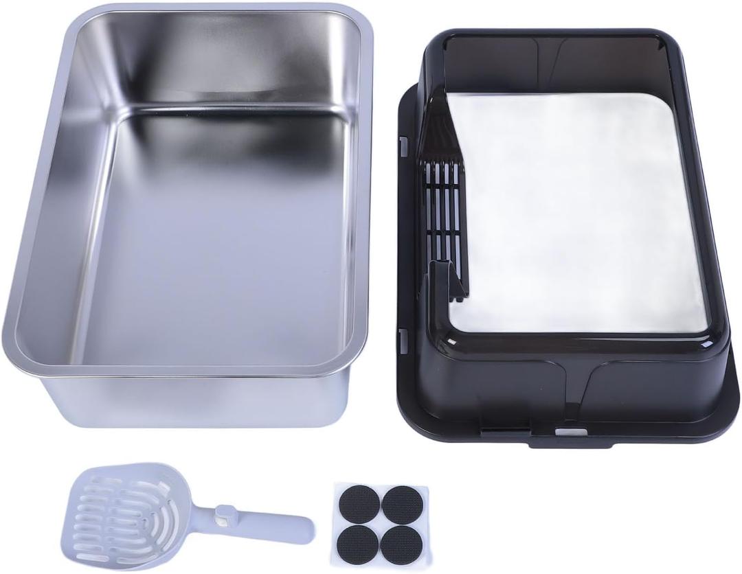 Stainless Steel Cat Litter Box Large High Sided Open Top Anti Splashing Easy to Clean Kitty Litter Tray for Indoor Cats Multi Cat Households Durable Proof Odorless 19.7 x 13.8 x (Black)