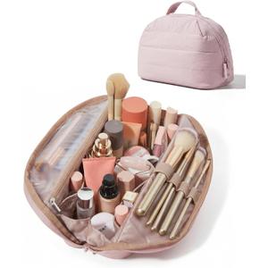 BAGSMART Travel Makeup Bag for Women, Portable Fold-down Cosmetic Case, Puffy Padded Make Up Organizer Pouch, Water-resistant Toiletry Bag for Toiletries, Brushes (Baby Pink)