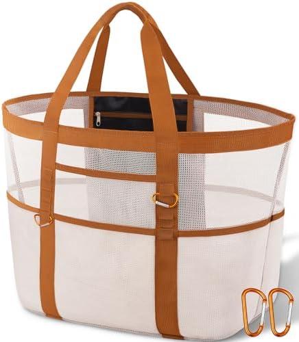 Yeendibo Chic & Spacious XX-Large Beach Bag for Women – 12 Pockets, Waterproof Mesh, Lightweight, Includes 2 Carabiners
