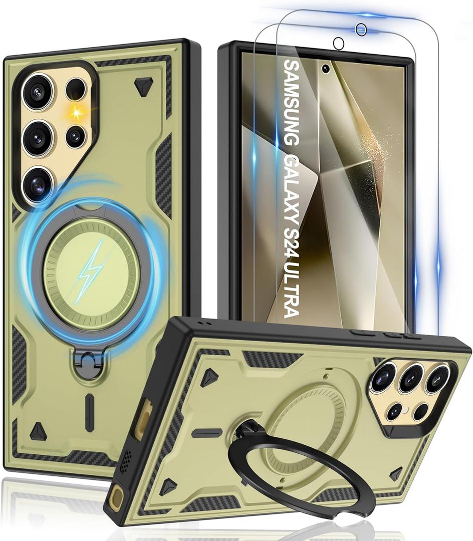 for Samsung Galaxy-S24 Ultra Case with Magsafe & [HD Screen Protector2][Anti-Fingerprint], 360 Metal Rotated Kickstand,Military Grade Shockproof Protective for Galaxy S24 Ultra Case,Green