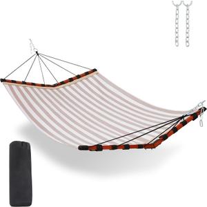TegerDeger 12FT 2 Person Hammock Large Hammock Quick Dry 450LB Capacity with V Shaped Hardwood Spreader Bar & Nylon Rope for Outside, Patio, Garden, Backyard, Beach, Poolside - Beige Stripes