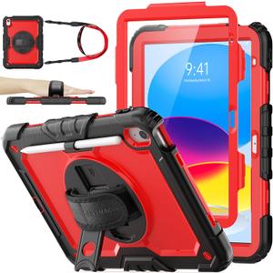 SEYMAC stock Case for iPad (A16) 11th/10th Generation 11''/10.9'' 2025/2022, Full-Body Drop Protection Case with Screen Protector &360 Rotate Hand Strap/Stand, Red+SiliconeBlack
