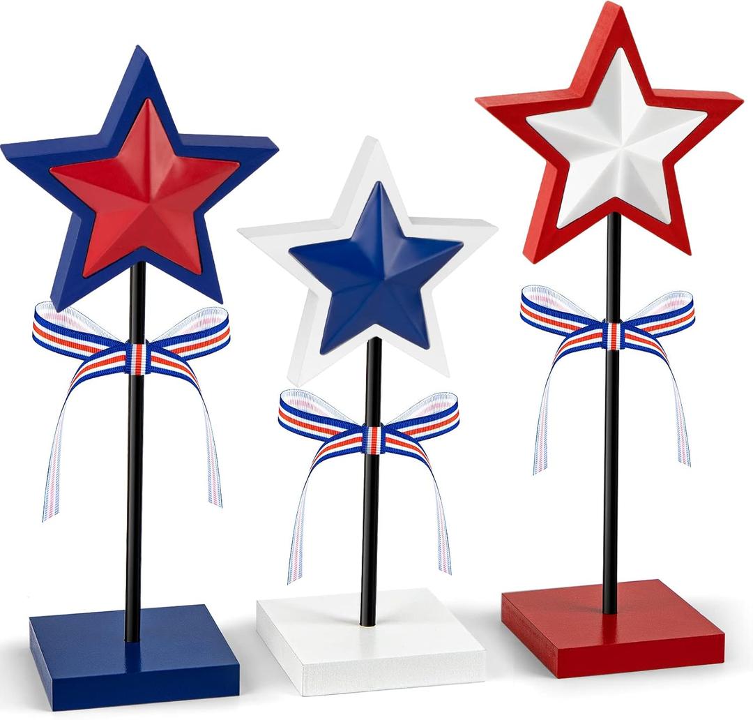 3 Pieces 4th of July Tiered Tray Decor Wood Star Set, Memorial Day Table Decorations, Rustic Patriotic Table Decorations, Red White and Blue Decorations for Home Tables(Classic)
