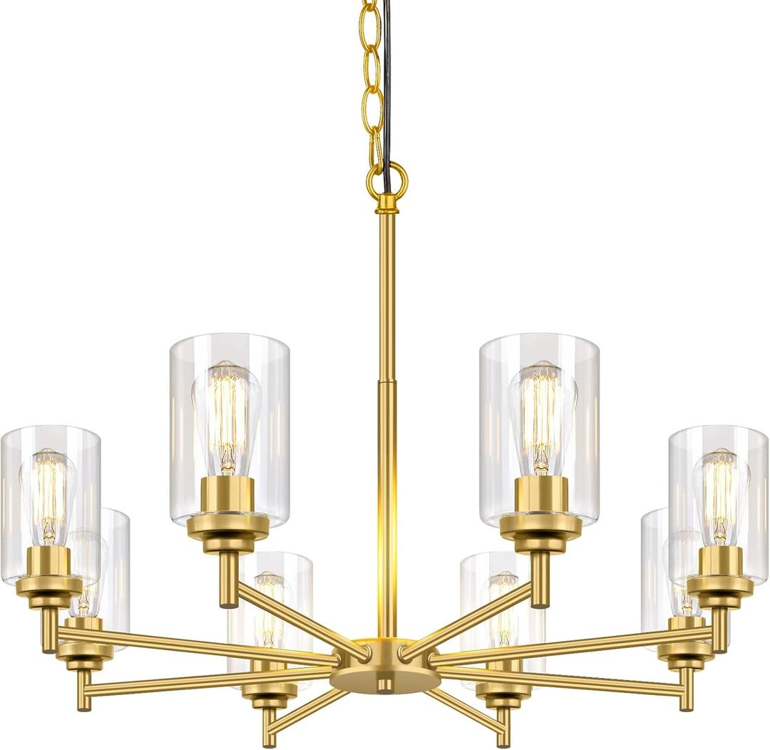 Sucolite 33.5'' 8-Light Chandelier for Dining Room Kitchen Island, Modern Farmhouse Pendant Lighting with Glass Shades Industrial Gold Hanging Ceiling Light Fixture for Living Room, Height Adjustable
