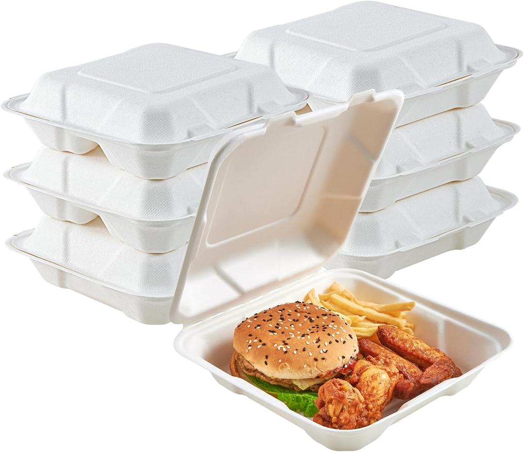 ECOLipak 50 Pack Clamshell Take Out Food Containers, 100% Compostable Disposable To Go Containers, 8X8 inch Heavy-Duty To Go Boxes for Food