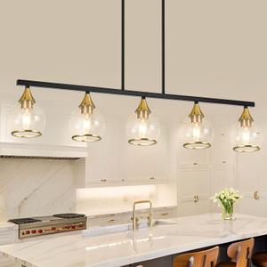 Island Light for Kitchen, 5-Light Black Kitchen Island Linear Hanging Pendant Chandeliers, Black and Gold Dining Room Light Fixture Over Table with Clear Round Glass Shades