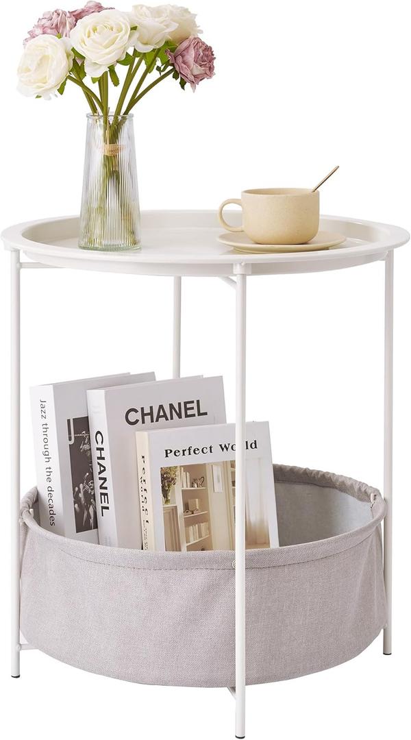 VECELO Round Side/End Table with Fabric Storage BasketMetal Anti-Rust and Waterproof Small Bedside Nightstand with Removable Tray Top for Living RoomBalcony & LaundryBeige/1pcs with Basket