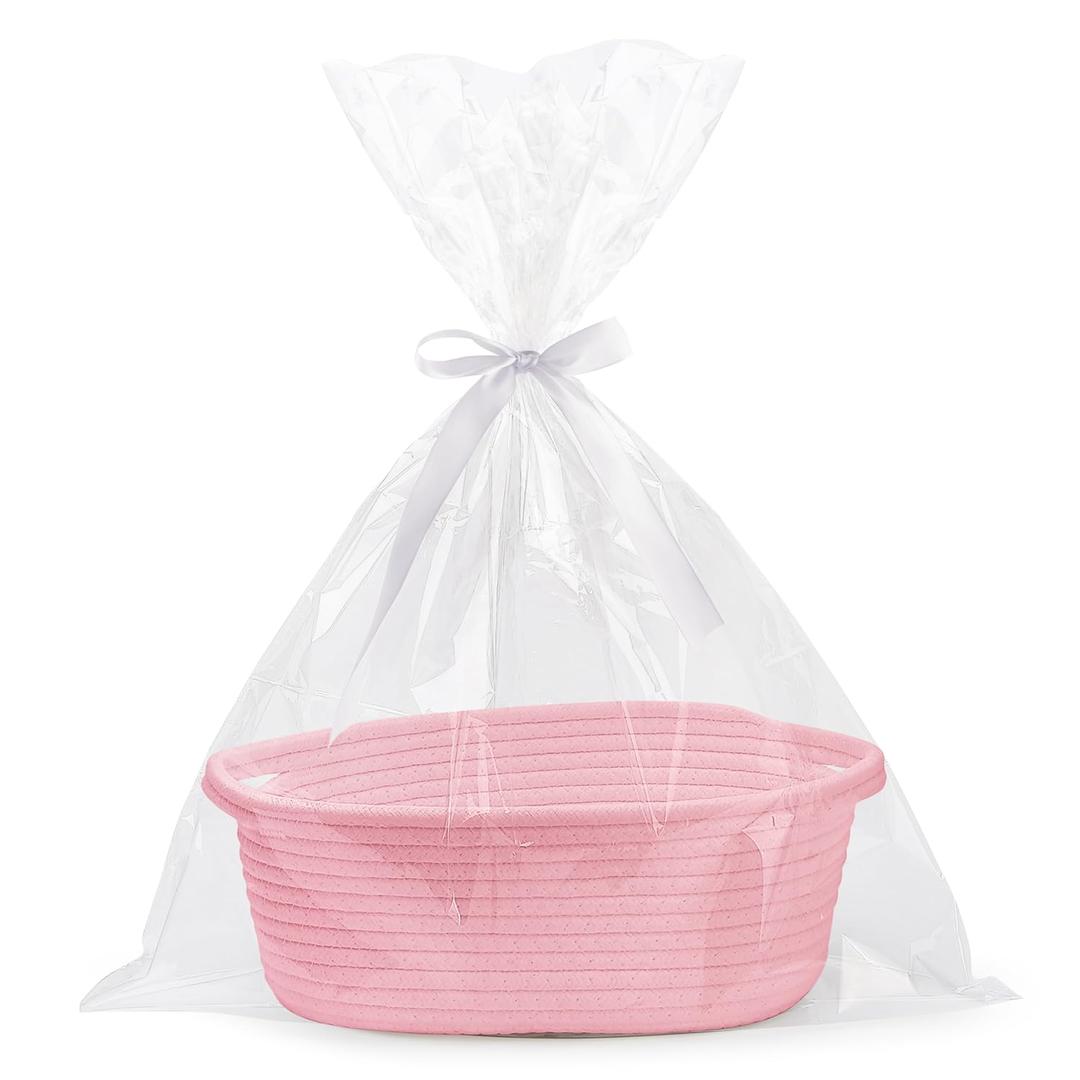 Pro Goleem Small Woven Basket with Gift Bags and Ribbons Durable Baskets for Gifts Empty Small Rope Basket for Storage 12"X 8" X 5" Baby Toy Basket with Handles, Pink