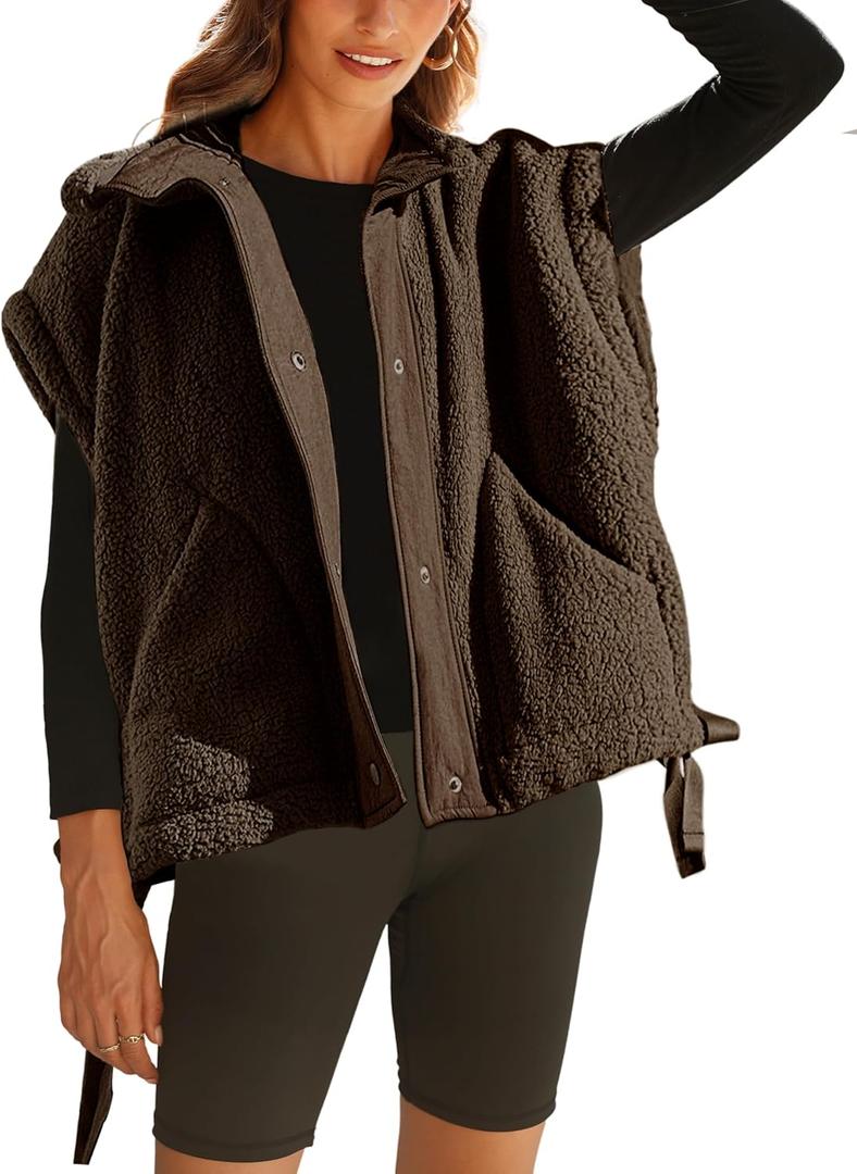 Gozoloma Women's Oversized Fleece Vest Sleeveless Casual Button Down Piecing Fuzzy Sherpa Gilet Jacket with Pockets (Medium, Coffee)