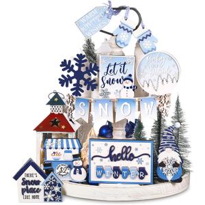 Kajaia 15 Pcs Winter Tiered Tray Decor Christmas Tiered Tray Decorations Set Snowman Snowflake Gingerbread Man Hot Cocoa Wooden Signs Farmhouse Winter Table Decorations(Snowflake)