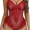 Avidlove Sexy Lingerie for Women Lace Teddy Lingerie One Piece Bodysuit Deep V Babydoll Nightgown (Red, M)