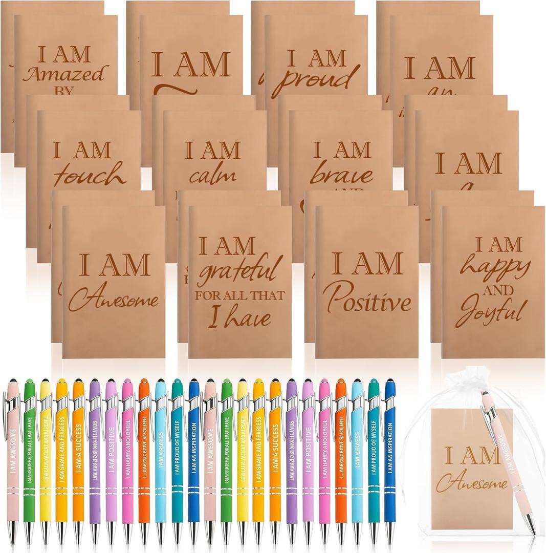 72 Pcs/24 Set Inspirational Journals Bulk with Motivational Ballpoint Pens, A6 Small Kraft Notebooks Affirmation Pocket Notepad for Student Coworker Friend Positive Christmas Gift