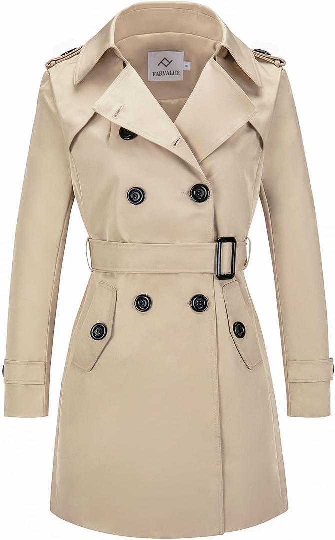 FARVALUE Women's Double Breasted Trench Coat Water Resistant Windbreaker Classic Belted Lapel Overcoat (Beige, L)
