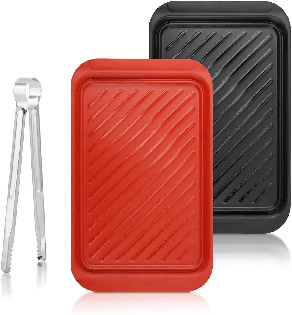 Grilling Prep and Serve Trays, 17.16" x 10.47" BBQ Platter for Uncooked and Cooked Food, 2PCS Melamine Serving Trays for Food, Food Tong Included(Color:Black+red)