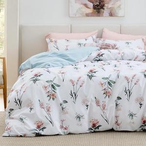 Bedsure Duvet Cover Queen Size - 100% Cotton Reversible Cute Flower Floral Queen Duvet Cover Set with Zipper Closure, 3 Pieces Soft & Breathable Blue Bedding Set with 2 Pillow Shams 20"x26"