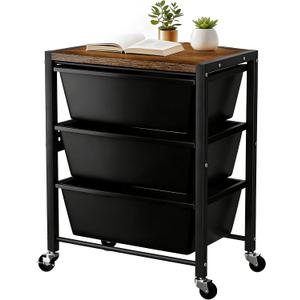Rolling Cart with 3 Drawers, Plastic Drawer Storage Carts with Lockable Wheels & Wooden Tabletop, Metal Utility Cart Organizer, Office Bedroom Classroom Craft Organization and Storage, Dark Black