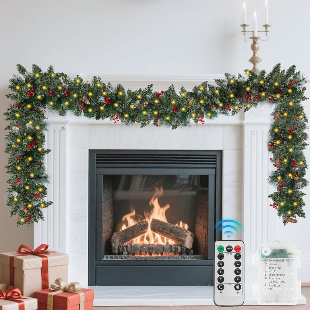 9 FT Christmas Garland with Lights, Battery Operated Green Garland Tree with Pine Cones Red Berries & 50 Lights, Realistic Artificial Decoration for Mantle Stairs Railing Fireplace Outdoor