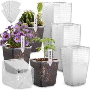 5.5 Inch Clear Square Nursery Pots with Drainage & Labels, 30Pcs Reusable Seed Starter Pots for Vegetables, Indoor Outdoor Gardening, Thick Transparent Plastic Plant Pots for Seed Starting