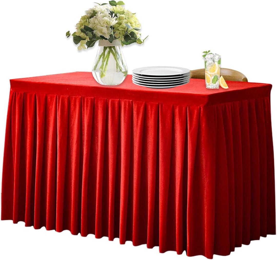 Fitted Tablecloth Red Table Skirts for Rectangle Tables Wrinkle Resistant Velvet Table Cover for Weddings, Banquets, Parties (62x24 in)