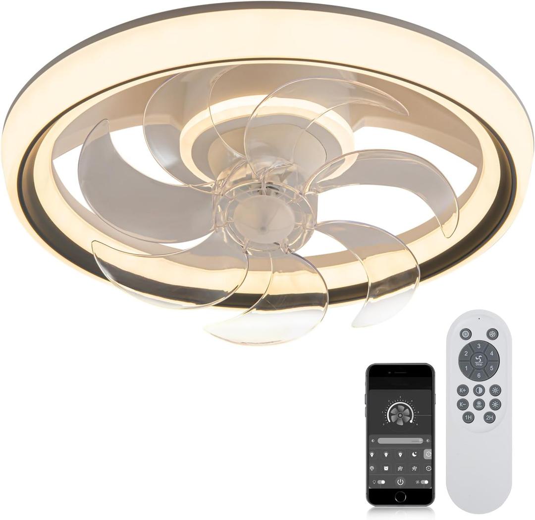 Enclosed Ceiling Fans with Lights,Flush Mount Modern Ceiling Fan and Remote Control,18.89 in Fandelier Ceiling Fan with Light,3000K-6500K Dimmable LED Fan Light-015