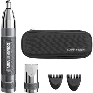 Conair Men Ear, Nose and Eyebrow Trimmer, Patented 360 Bevel Blade for No Pulls, Nicks or Cuts, Nose Hair Trimmer for Men, Non-Slip Grip, 5-Piece Kit with Travel Case (1 Count (Pack of 1))