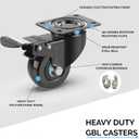 GBL Heavy Duty Castor Wheels Set of 4 with Brakes + Screws - 50mm - 200 kg Load - No Floor Marks Caster Wheel for Moving Furniture - Rubbered Swivel Trolley Wheels for Trolley